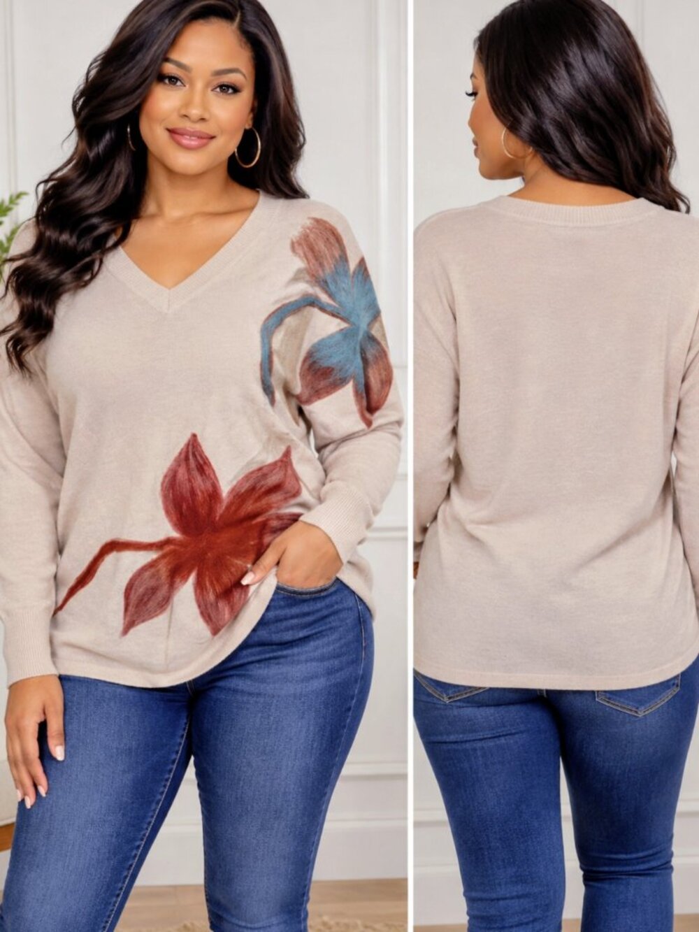 Aaeda Vintage Inspired Floral V-Neck Long sleeve Sweater Cream Women Size Medium